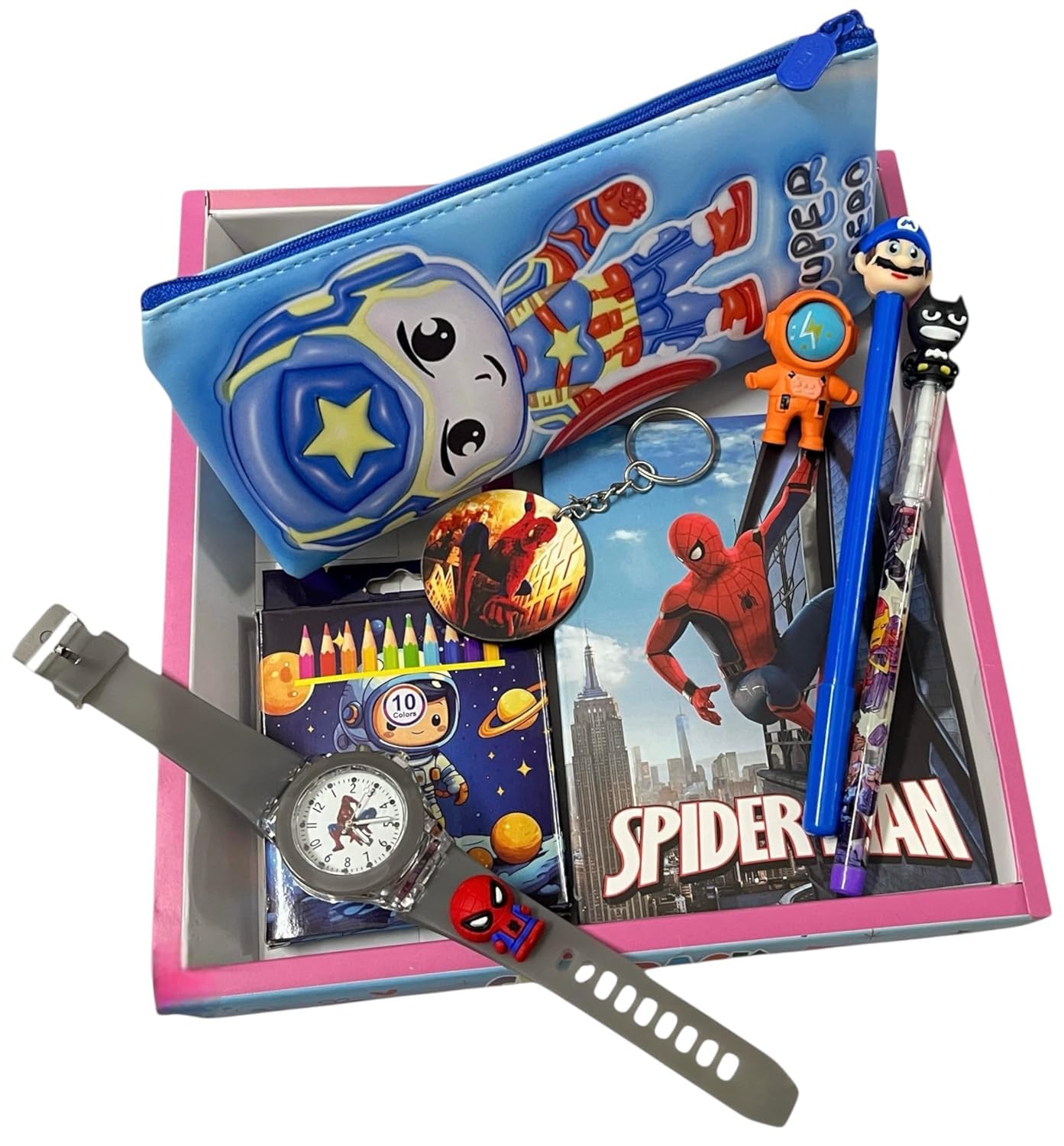 Glitreeprops Birthday Gift Hamper For Brothers & Sisters I Rakhi Stationary Set For Kids, 7 In 1 School Supplies With Watch, Pen