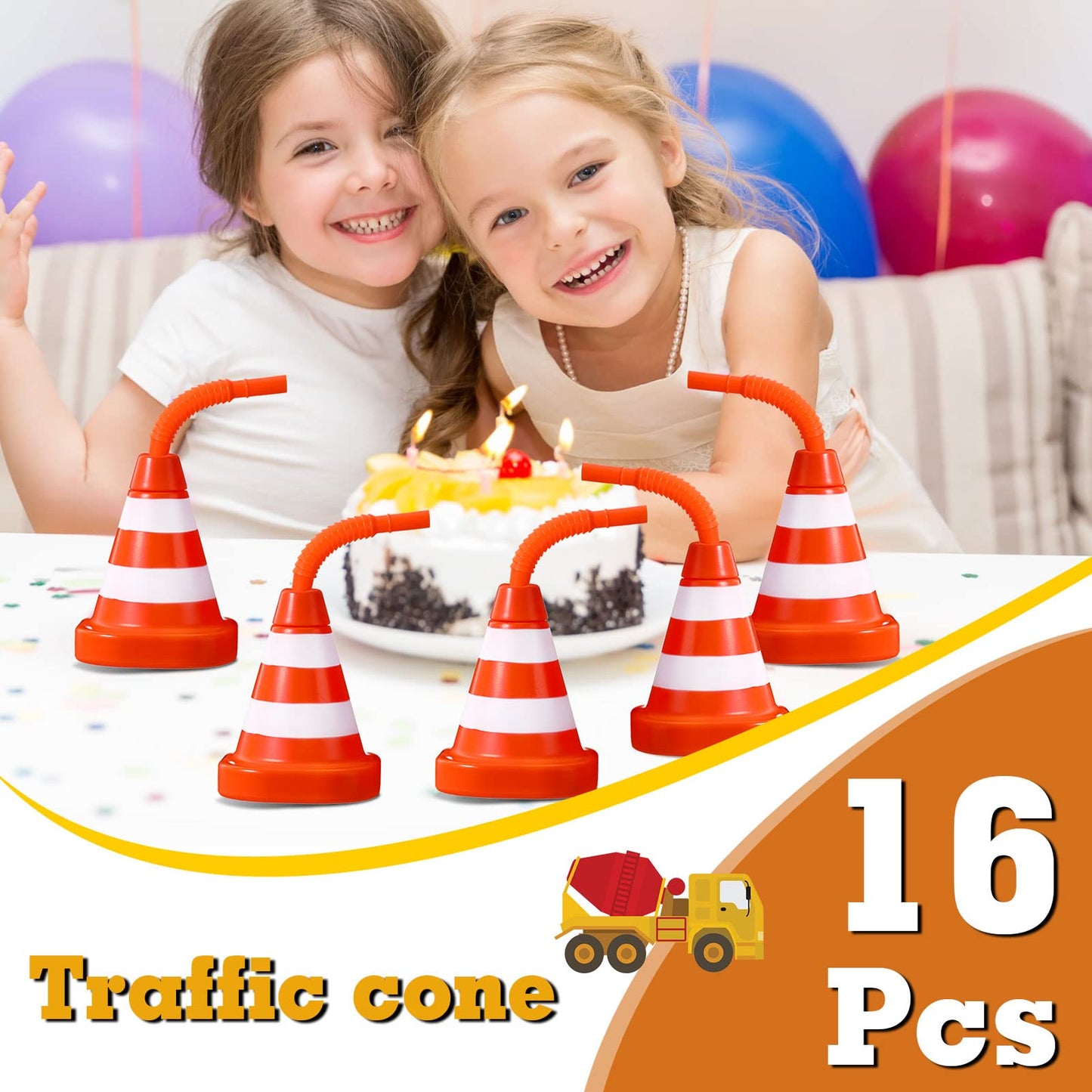 Sawysine 16 Pack Construction Cone Cups with Straws Bulk, Traffic Cones Party Favor 10 oz Plastic Reusable Kids Race Cups Set fo