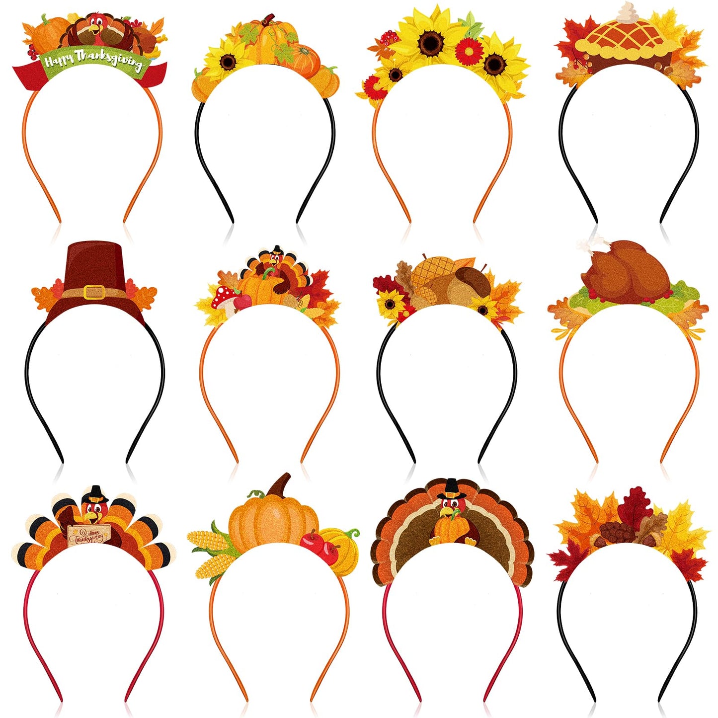 Riceshoot 36 Pcs Thanksgiving Headband Turkey Headband Happy Thanksgiving Party Head Bopper Headwear Felt Pumpkin Maple Leaf Hai