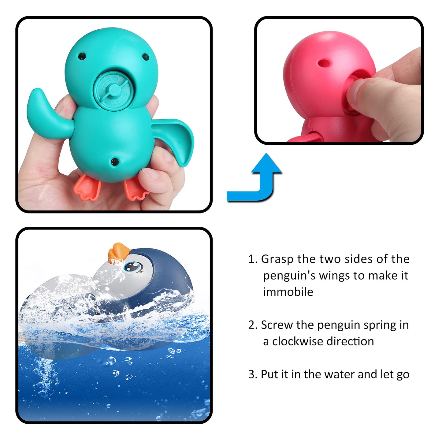 Dmeixs Baby Bath Toys 4 Pack Wind Up Bath Toys For Toddlers 1-3 Year Old Penguin Duck Bathtub Toys For Baby Floating Pool Games Water Toys Swimming Bath Toys For Toddlers Kids Boys Girls 1 Years Old