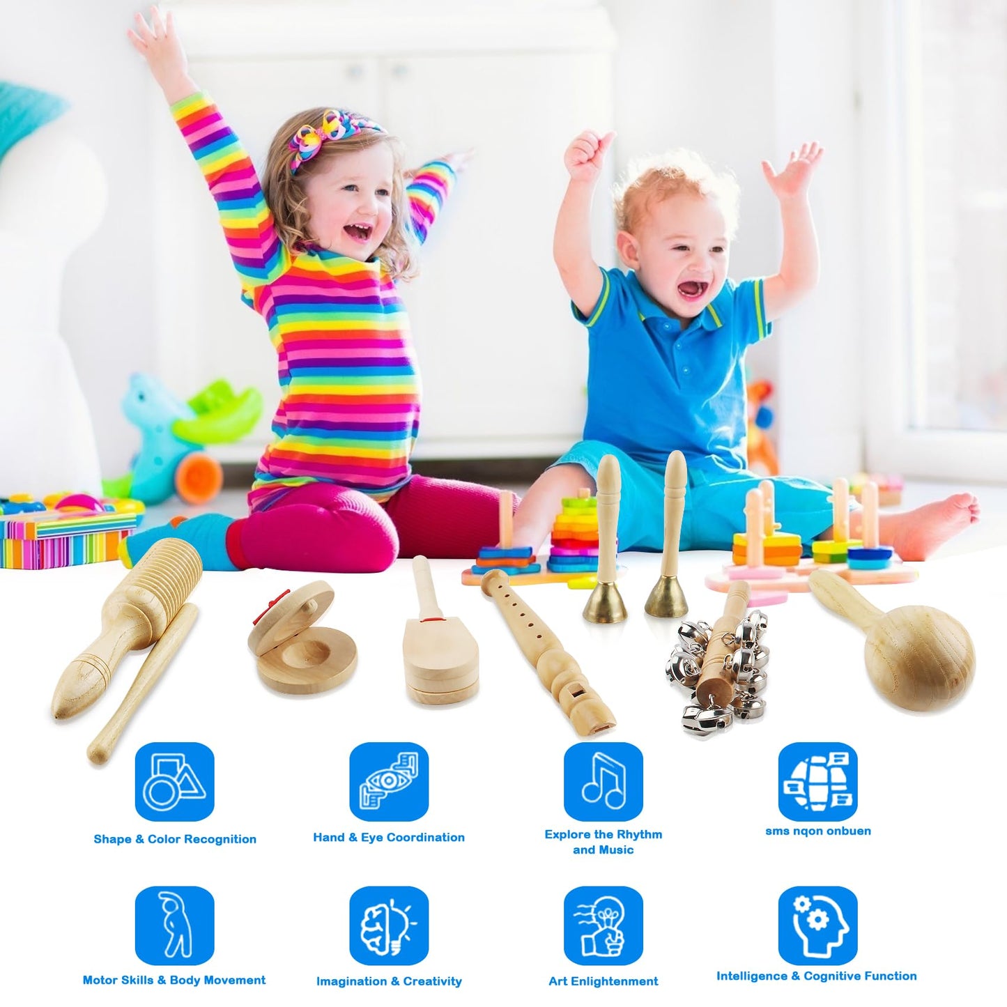 Chriffer Kids Musical Instruments Toys, Percussion Instruments Set With Storage Bag, Preschool Educational Music Toys For Boys Girls, Natural Eco-Friendly Wooden Music Set (10Pcs)