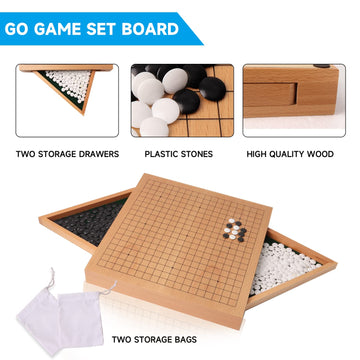 GSE Games & Sports Expert 12-Inches Wooden Go Board Game Set with Drawers, Wood Go Game Board Set with Plastic Stones, Classic C