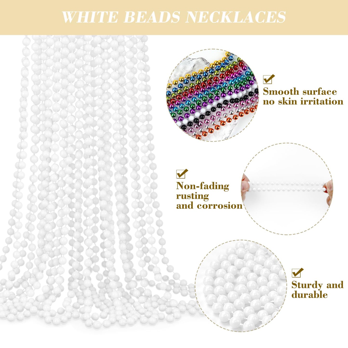 YAXINRUI 24 PCS White Mardi Gras Beads, 33'' White Bead Necklaces Party Costume Necklace Round Parade Throw Beads in Bulk for Ma