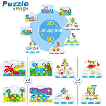 224 Pieces Creative Mosaic Drill Design Puzzle Set for Kids, Electric Drill and Screwdriver toy Tool DIY Educational Set, STEM E