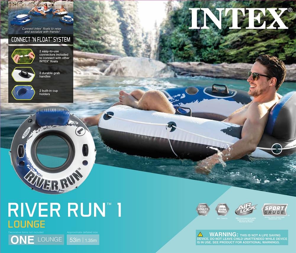 Intex River Run 1 Inflatable Floating Lounge: Pool Floats With 220Lb Capacity – Comfortable Backrest – Built-In Cup Holders – 4 Pack, Color May Vary