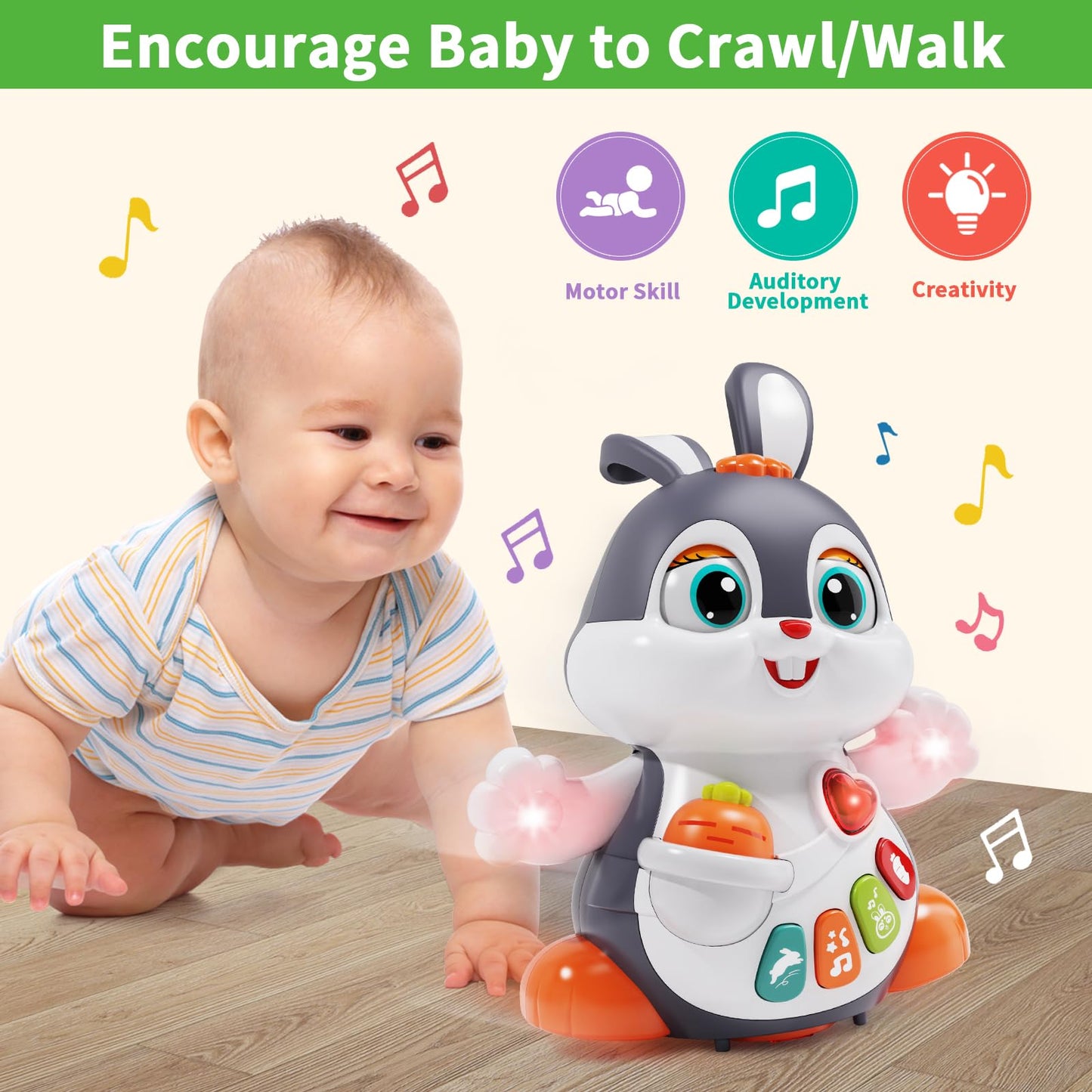 Wanonoo Baby Musical Bunny Toy Dancing Crawling Tummy Time Toys, Light Up Infant Toys 0-3-6 6-12 12-18 Months Birthday Gifts For