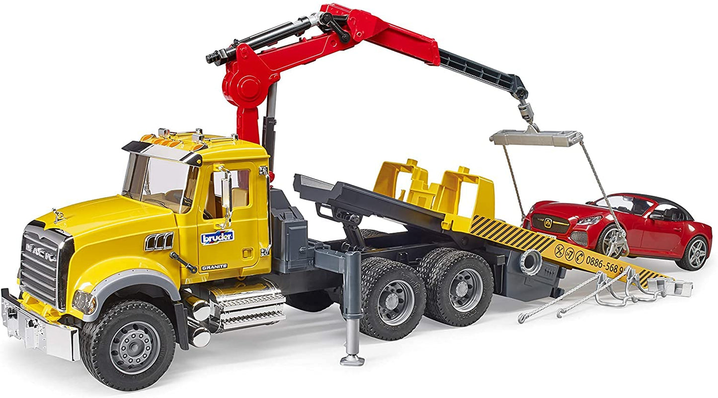 Bruder - Mack Granite Tow Truck with Bruder Roadster (02829) - For Ages (4) and Up - Compatible with bworld Figures