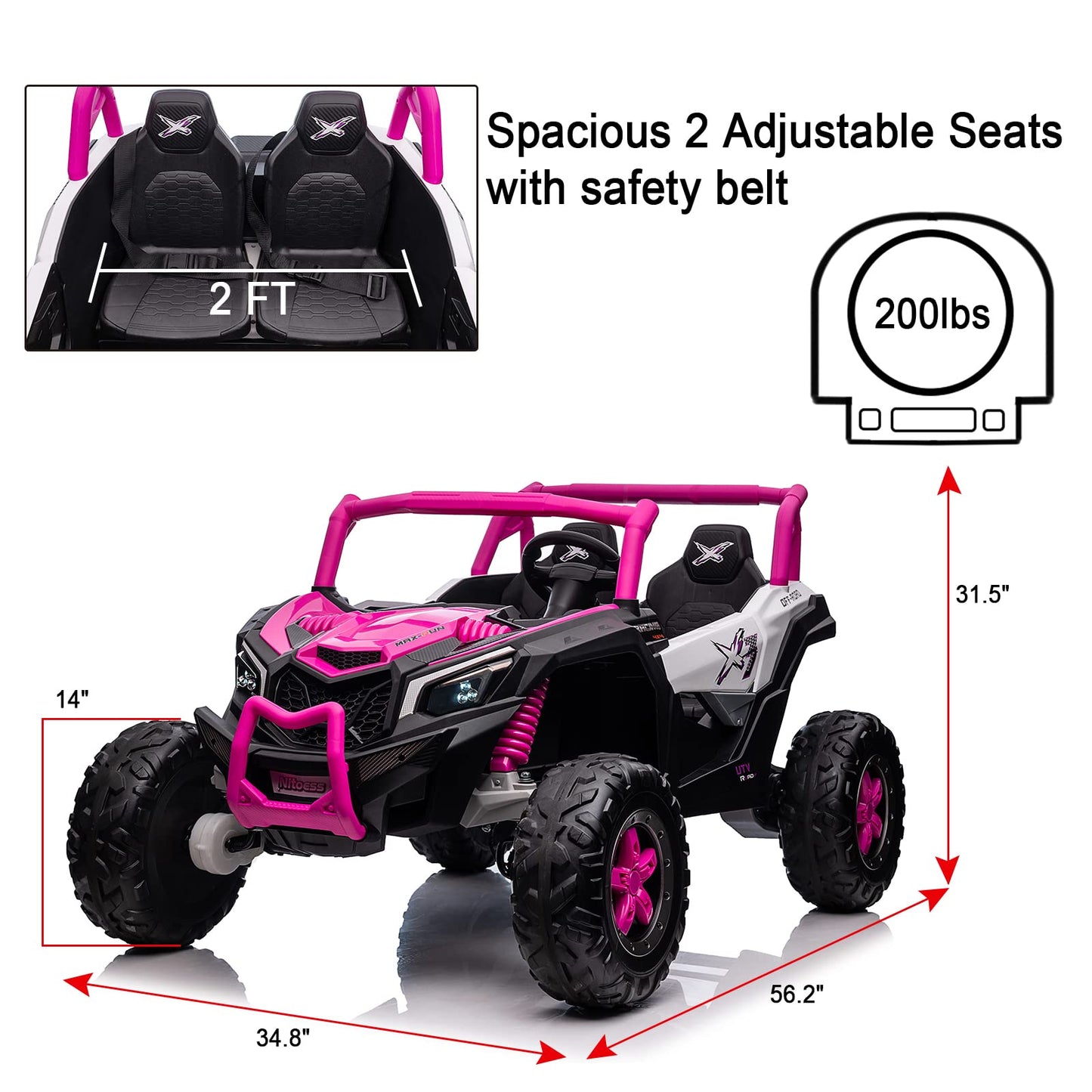 Nitoess Xxxl 2 Seater 24V Ride On Truck For Kids, 2Wd/4Wd Ride On Utv With Remote Control, Max Load Capacity 200Lbs,4 Powerful M