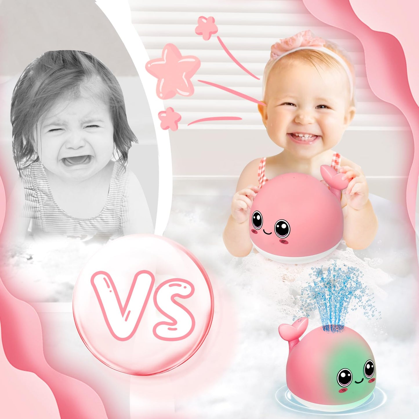 Tfs Topfans Bath Toy Baby Girl Gift: Pink Whale For 6-12 Months Old Infant Girl Light Up Fountain Bathtub Water Toys 3 4 5 7 8 9