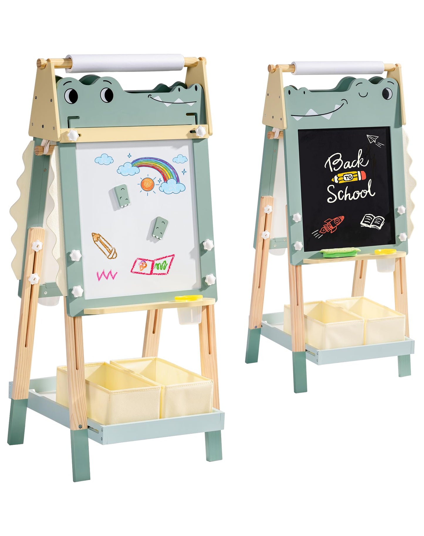 ROBOTIME Alligator Easel for Kids - 3-in-1 Adjustable Height Wooden Children Easel with Magnetic Whiteboard, Chalkboard & Paper