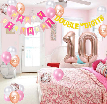 10Th Birthday Decorations For Girls, Birthday Banner Double Digits Rose Gold Glittery Banner Number 10 Balloons 10Th Confetti La