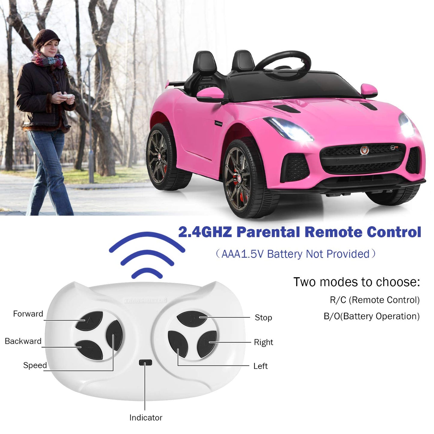 Costzon Ride On Car, 12V Licensed Jaguar F-Type Svr Battery Powered Ride On Toy W/Remote Control, Front/Rear Lights, Mp3, Music, 3 Speeds, Spring Suspension, Electric Vehicle For Kids (Pink)