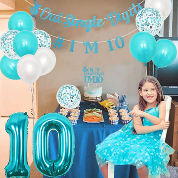 Joymemo 10Th Birthday Decorations For Girl Teal - Peace Out Single Digits I'M 10 Garland & Cake Topper Turquoise Happy Birthday Banner Number 10 Balloons Double Digits Birthday Party Supplies