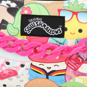 Squishmallows Handbag 4-Piece Gift Box Set Character Collage Design Purse with Pink Chain and Collectible Rubber Charms