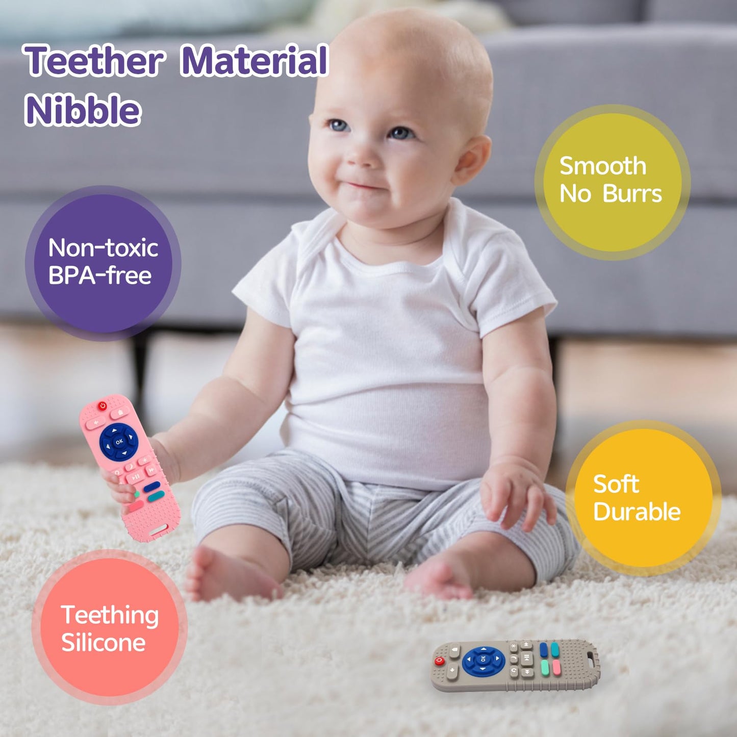 Hooku 2 Pack Silicone Teething Toys For Babies 0-6 Months, Teethers For Babies 6-12 Months, Remote Teether For Baby, Sensory Toy