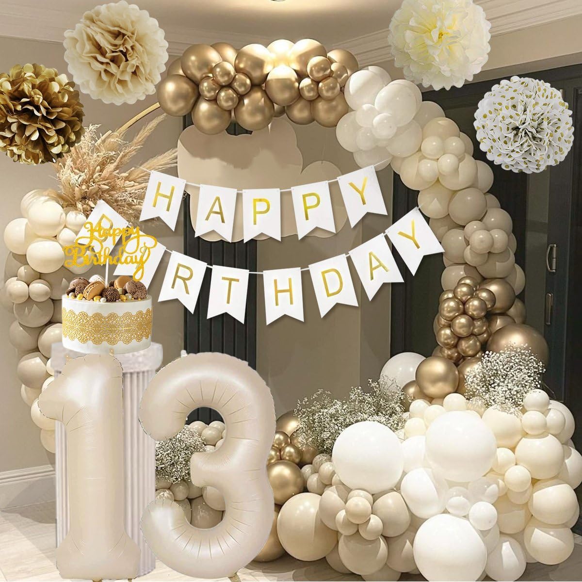 13Th Birthday Decorations For Girls, Gold Official Teenager Decorations White And Gold Balloons Happy Birthday Banner Tablecloth