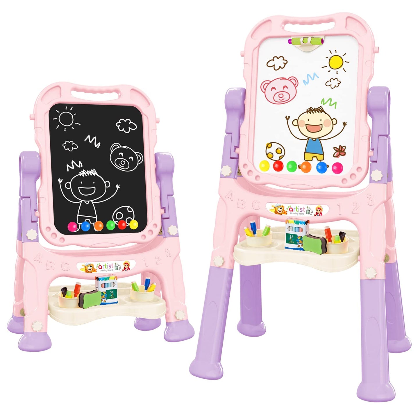 Amagoing Easel For Kids, Adjustable Standing Art Easel For Toddler, Double Magnetic Drawing Board With Painting Supplies For Lit