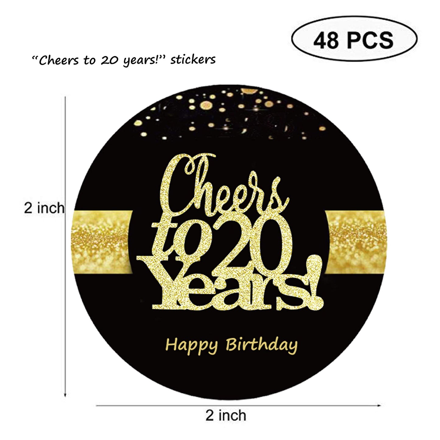 Sumerk 48 Pcs Cheers To 20 Stickers Large Bottle Stickers 20Th Birthday Stickers Card Seals 2 Inches Round Happy Birthday Party