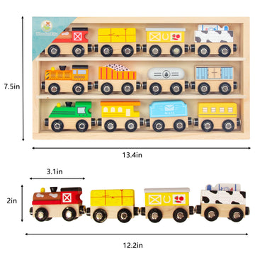 Woodenedu Wooden Train Sets For Toddlers, 12Pcs Train Toy Magnetic Sets Fits Brio, Thomas, Melissa And Doug, Kids For Boys Girls
