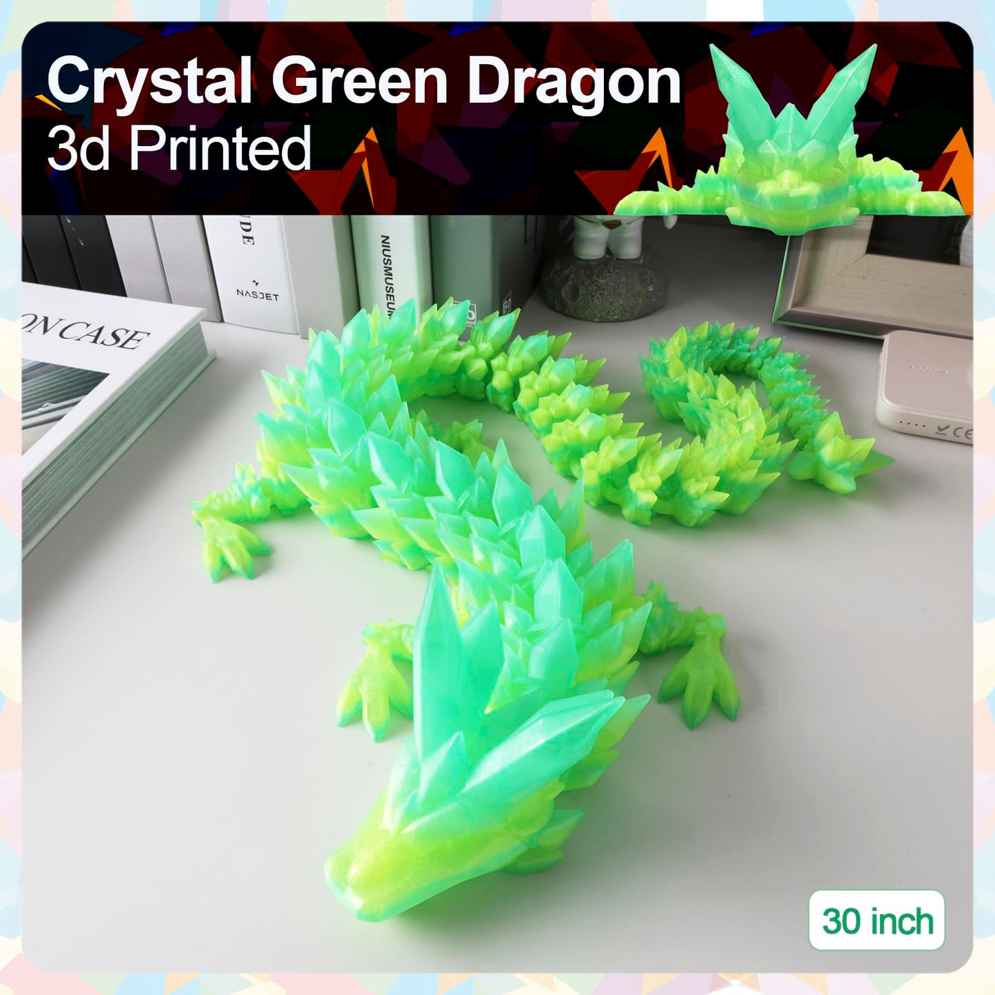 Rwsefk 30 In 3D Printed Dragon, 30Inch Dragon,3D Dragon Toy,Large Dragon Present,Ariculated Crystal Dragon(Gradient Bamboo Green