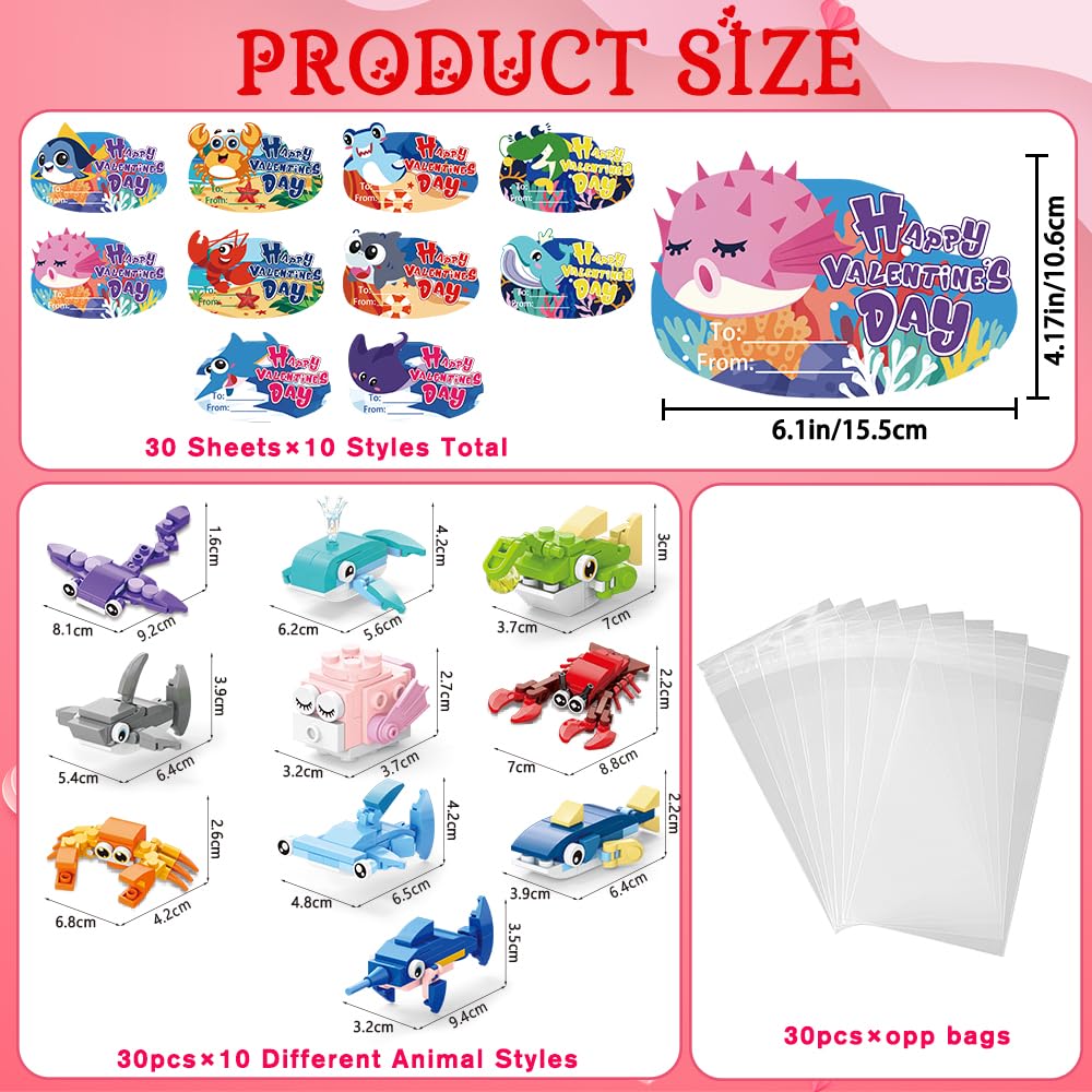 Diydec 30Pcs Valentines Building Blocks, Valentine'S Day Gifts Toys For Kids Marine Animals Building Toys With Cards For Boy Gir