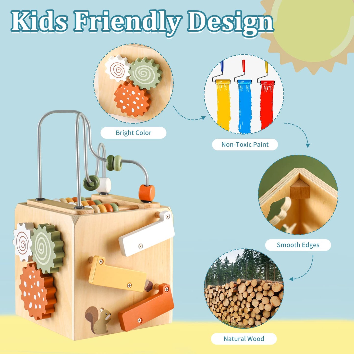 Smartwo Wooden Activity Busy Cube Montessori Toys For 1 Year Old, 6-In-1 Activity Center Baby Bead Maze Toys, Sensory Shape Sort