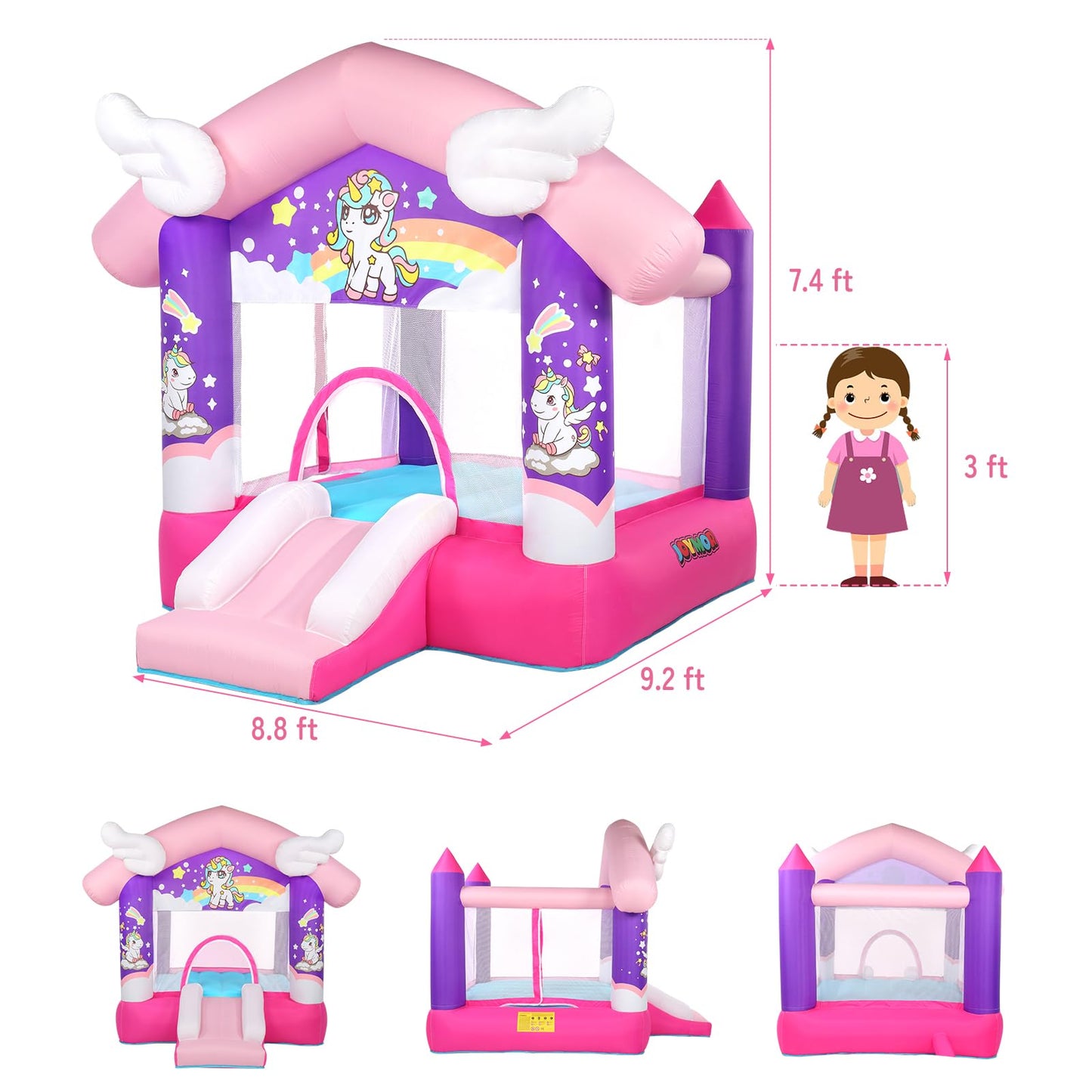Joymor Pink Inflatable Bounce House With Slide, Unicorn Theme Princess Bounce House For Girls Outdoor And Indoor Use, Pink Bounce House For Kids 3-6 (Blower Included)