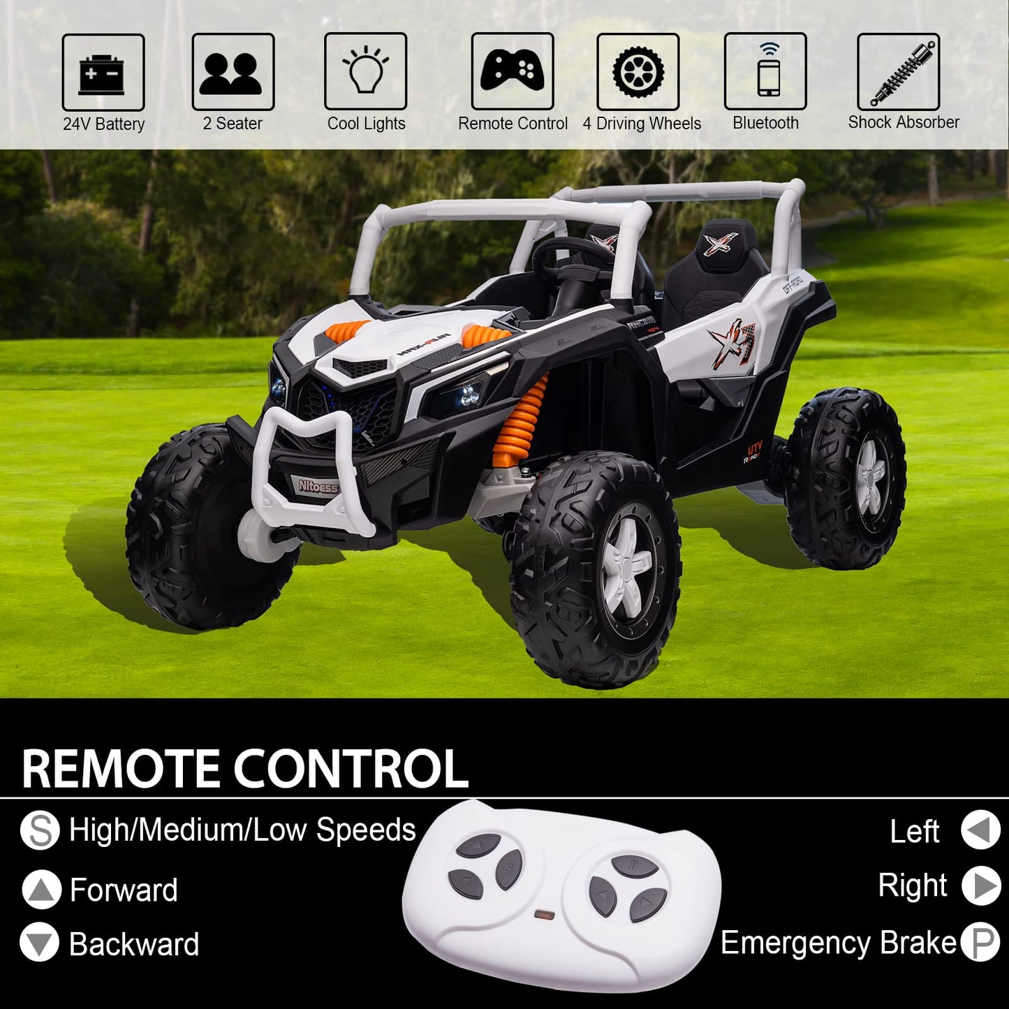 Nitoess Xxxl 24V Ride On Utv For Kids 2 Seater, 4Wd Ride On Buggy Power With Remote Control, 3-12Yrs Electric Car Bluetooth/Aux/Tf Slot,Max Load Capacity 200Lbs(White)