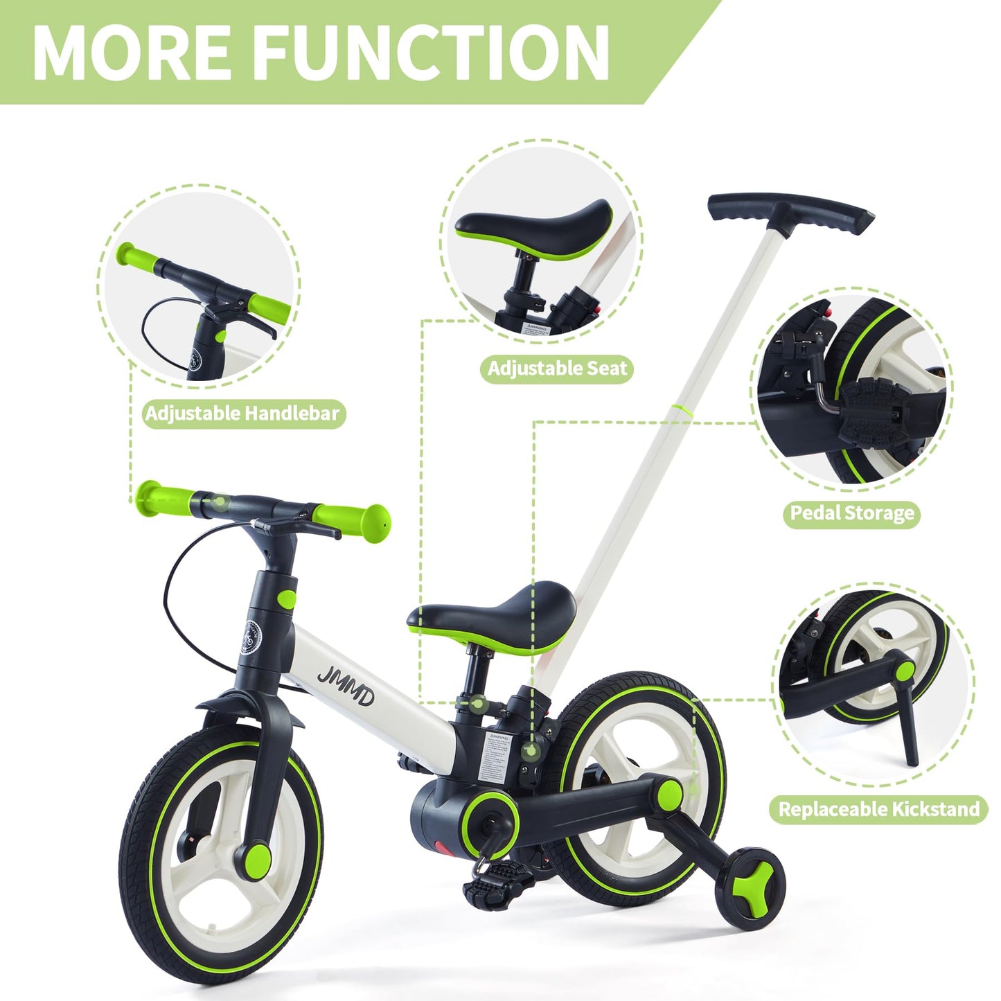 JMMD Toddler Bike with Push Handle, 6-in-1 Foldable, Training Wheels, Brakes, Green, for Kids 18-60 Months, Perfect Gift for Boys & Girls