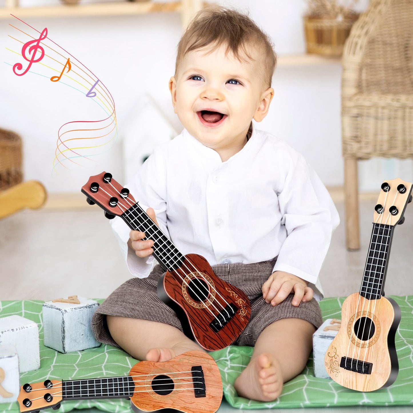 10 Inch Kids Mini Guitar 3 Pcs Toy Guitars 4 Strings Mini Ukulele Musical Instrument Guitars Toy For Toddler Beginner