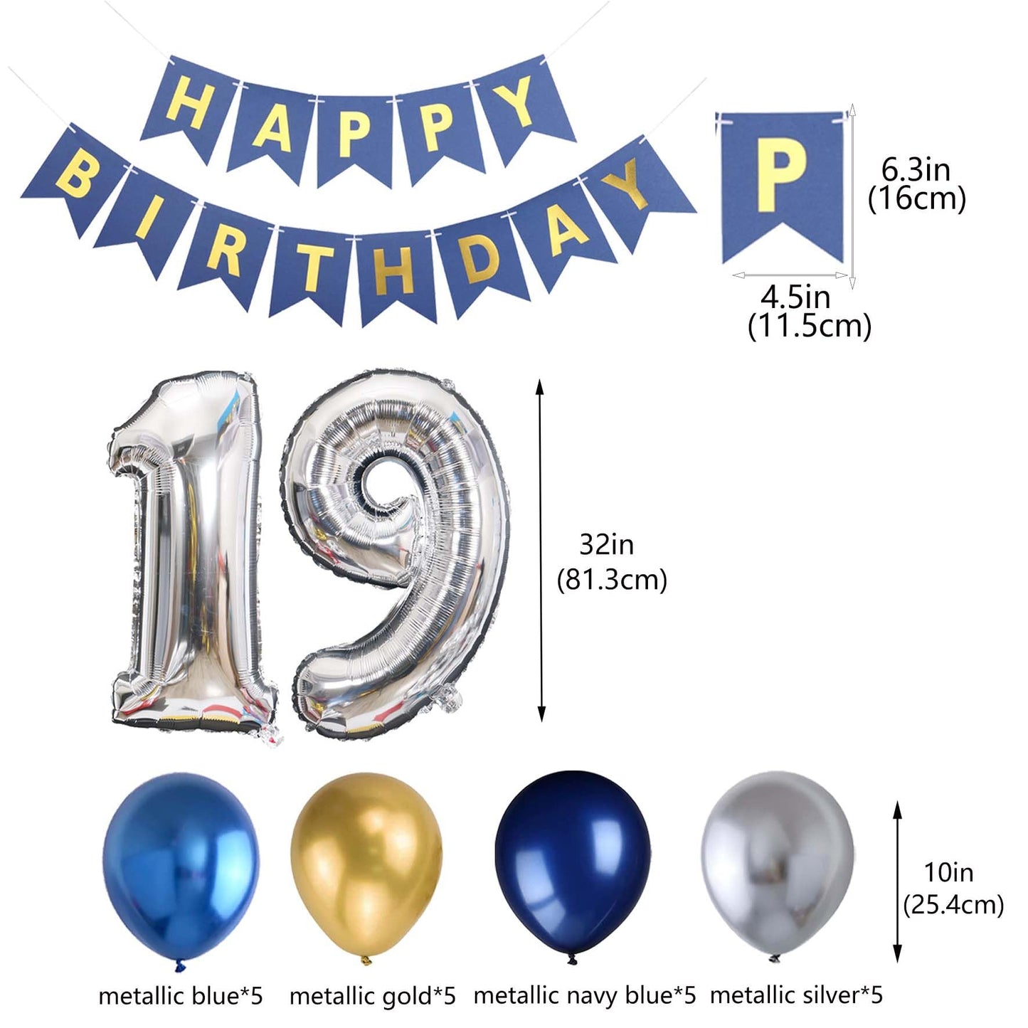 19Th Birthday Party Decoration For Boys, Birthday Banner Blue Number 19 Birthday Balloons Metallic Silver Blue Gold Latex Balloo