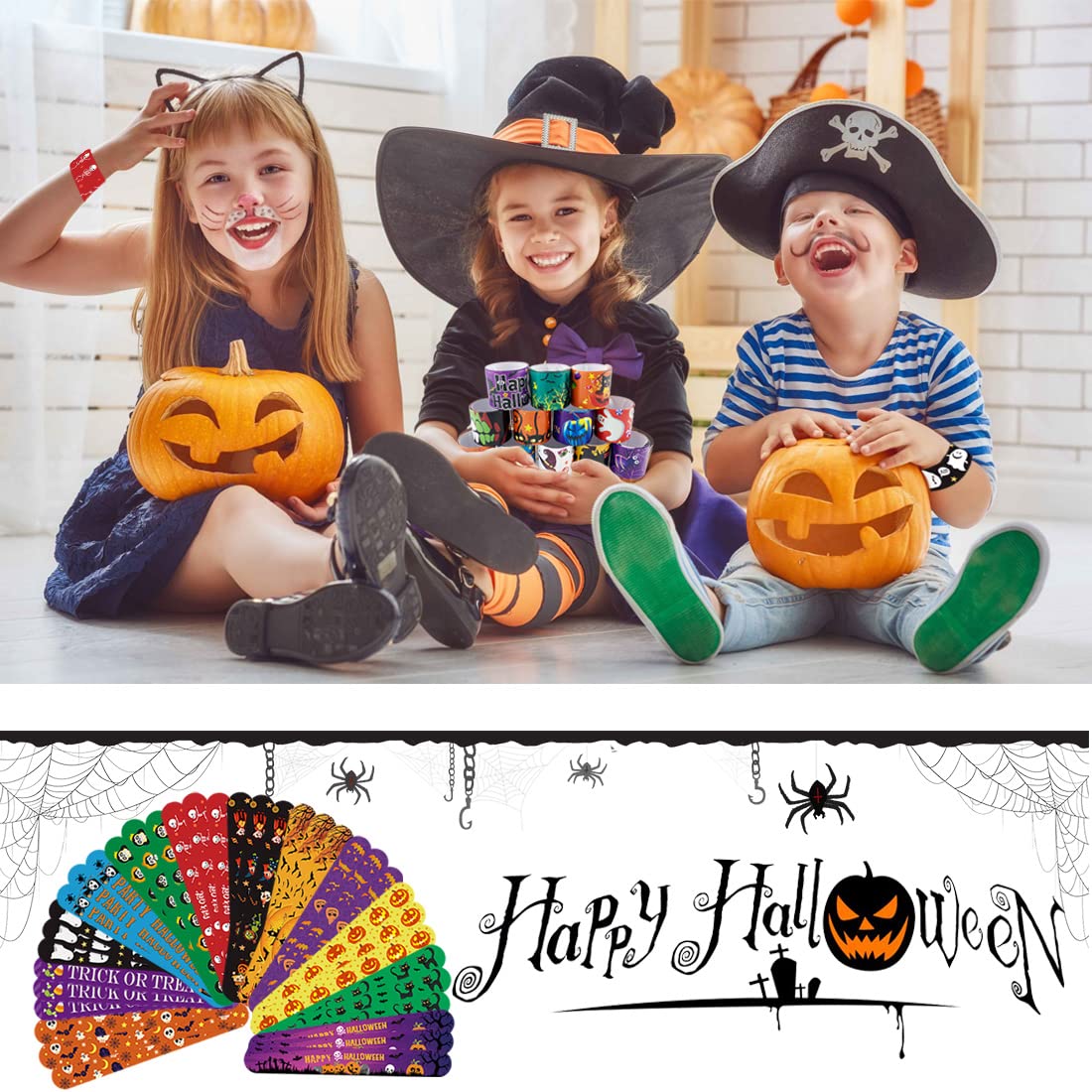 SUNPROUND Halloween Slap Bracelet,100Pcs Slap Bracelet Wristbands with Spider Pumpkin Ghost Zombie Bat Witches Design Snap Brace