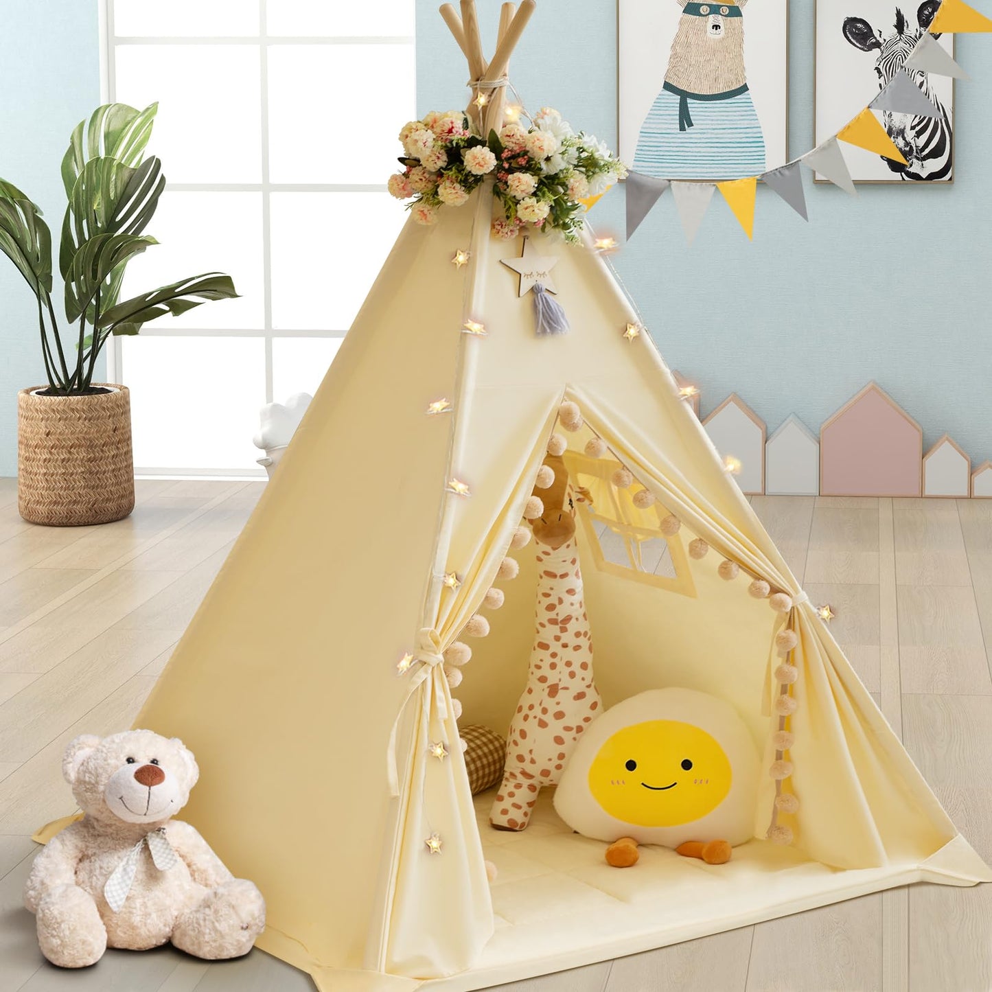 Wirhao Teepee Tent For Kids With Padded Mat Cotton Canvas Kids Tent With Pompom For Toddlers Indoor Kids Play Tent For Girls Boy