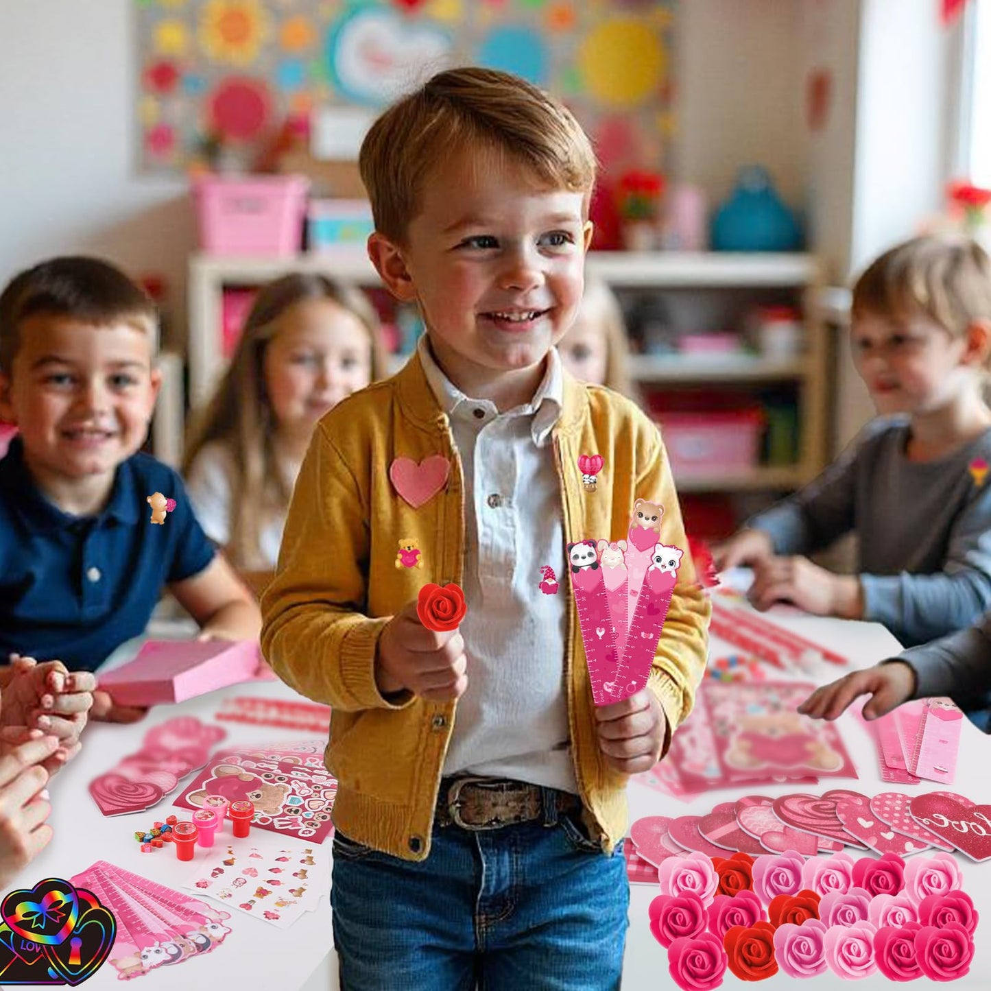 BenLouis Valentines Day Stationery Gifts Set for Kids Hearts Pencils Erasers Stickers School Classroom Exchange Reward Prizes Bu