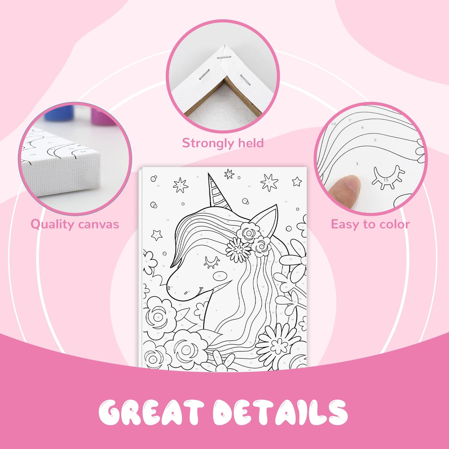 Goldentime 3 Framed Canvas Paint By Numbers For Kids Ages 6 8 10 12 -Easy Paint By Numbers Kit For Kids And Adults -Unicorn Pain