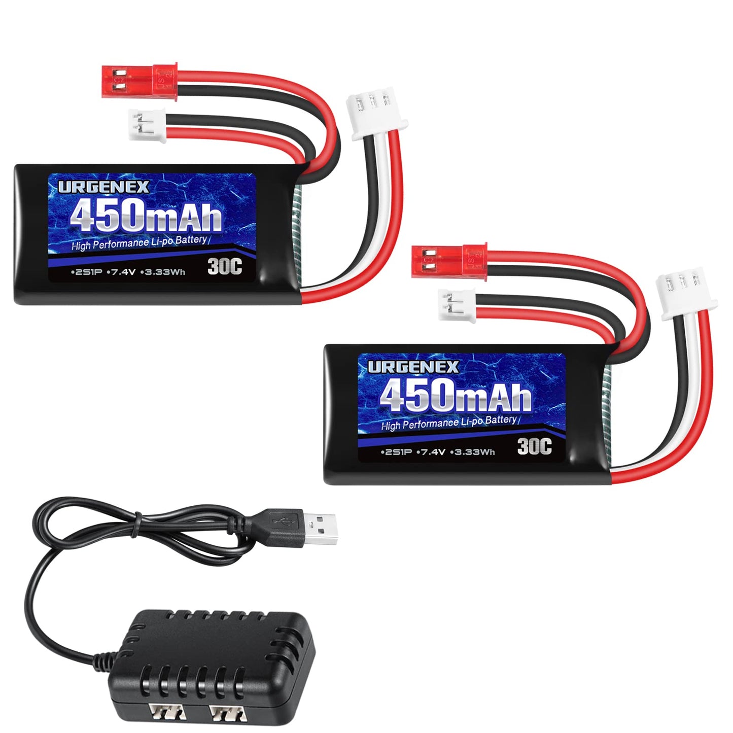 URGENEX 7.4V Lipo Battery 2S 30C 450mAh Rechargeable Lipo Battery with JST & PH2.0 Plug SCX24 Battery with 1to2 USB Charger Fit