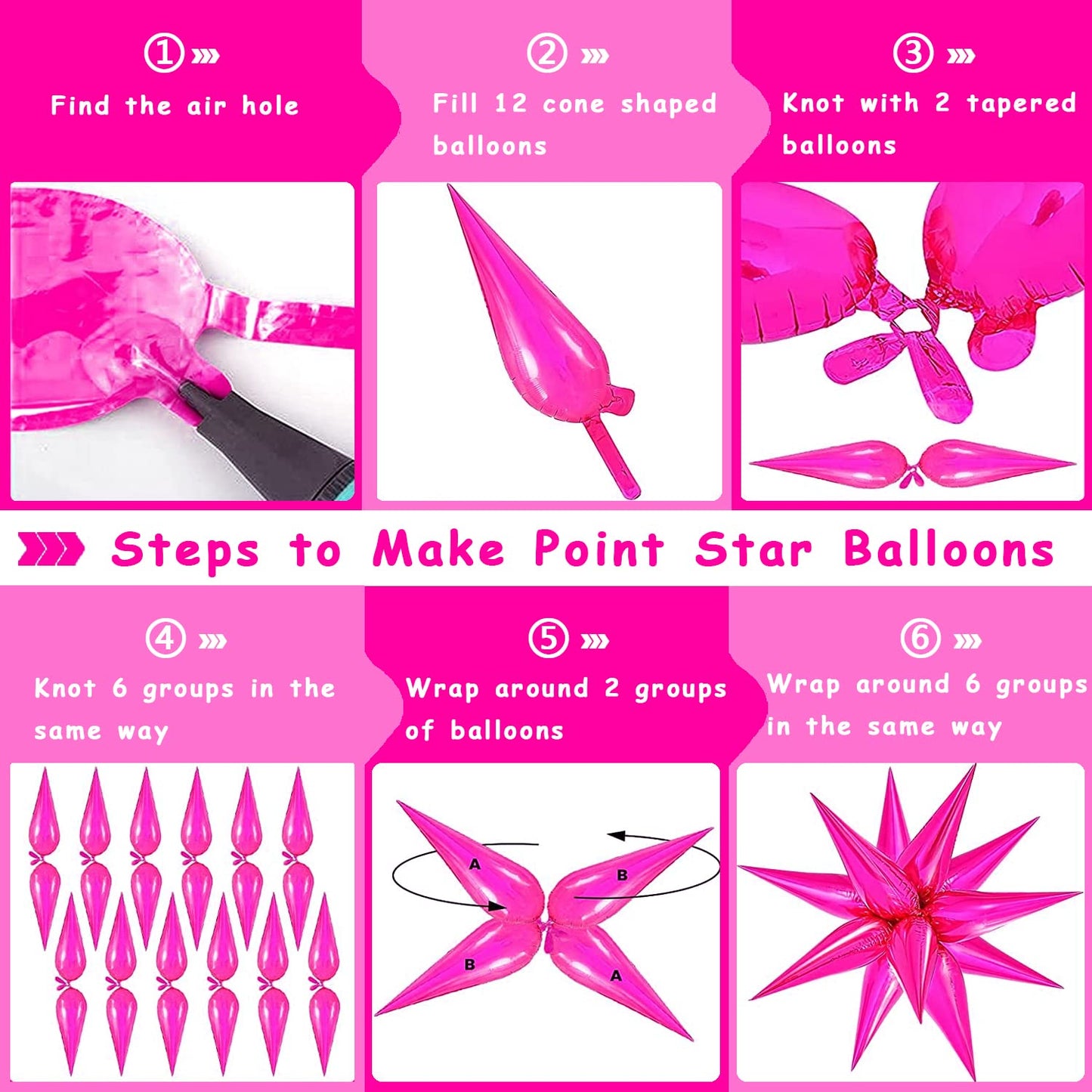 Funtoob Hot Pink Balloons Star Balloons Metallic Star Foil Balloons Hot Pink Star Cone Balloons Starburst Balloon Spike Balloons