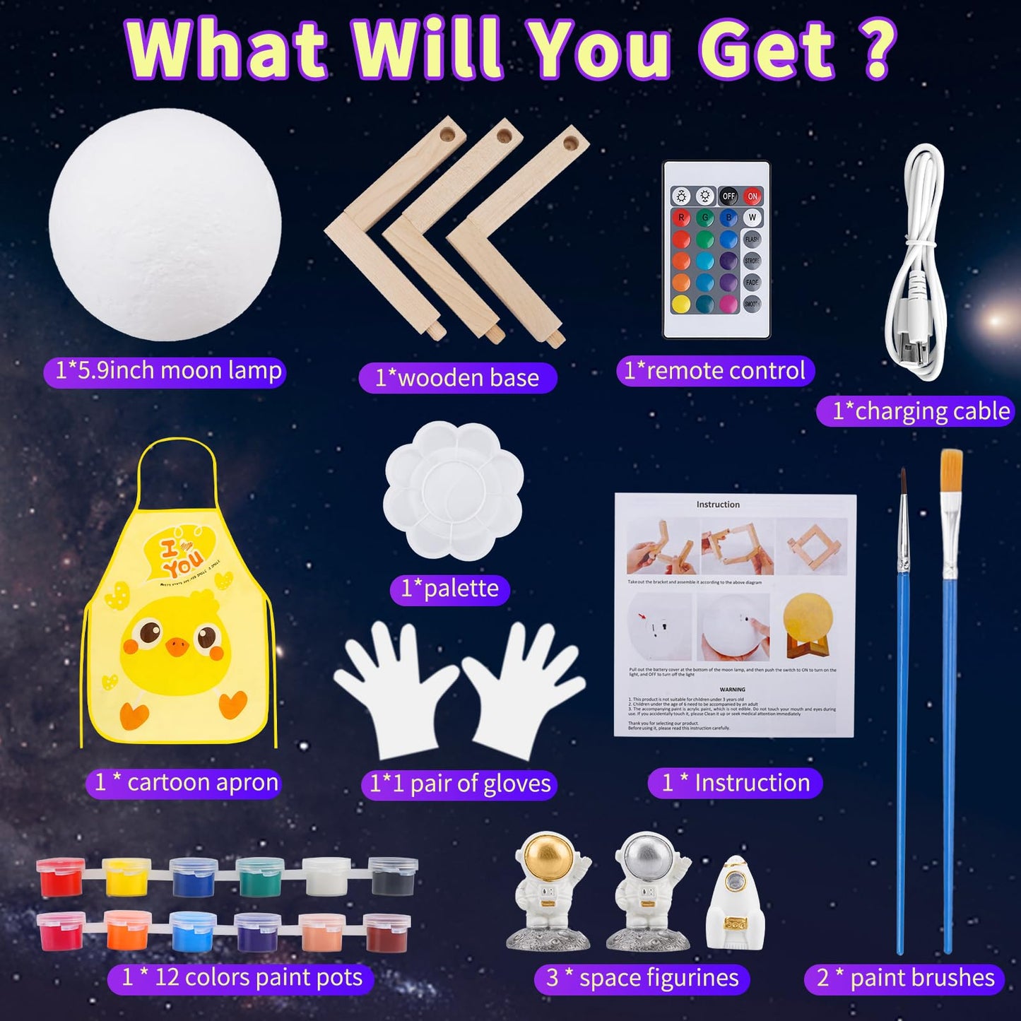 Paint Your Own Moon Lamp Kit, 16 Colors Rechargeable Diy 3D Moon Night Light Arts And Crafts Kit, Art Supplies Birthday Gifts Fo