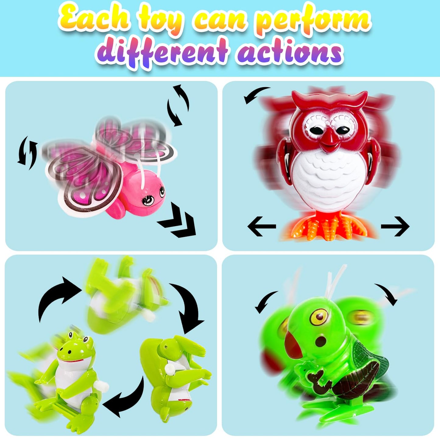 Baaxxango Wind Up Toy Assortment - 24 Pcs Flipping Walking Jumping Animals, Medium Size, Multicolor Party Favors for Birthdays and Prizes