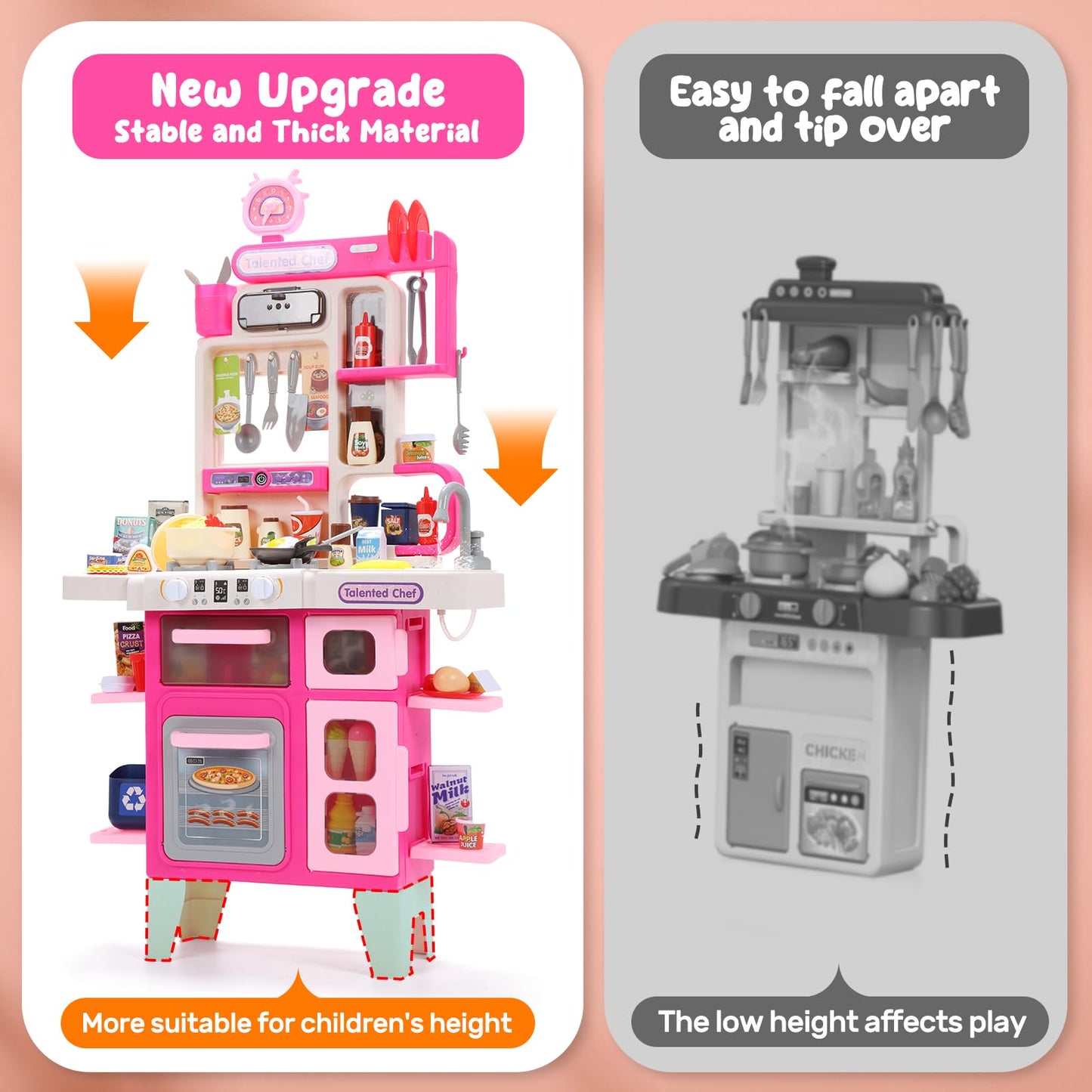 Cute Stone Kids Kitchen Playset, Play Kitchen Set With Sound & Light, Cooking Stove With Steam, Toy Sink,Play Food Toy And Kitch