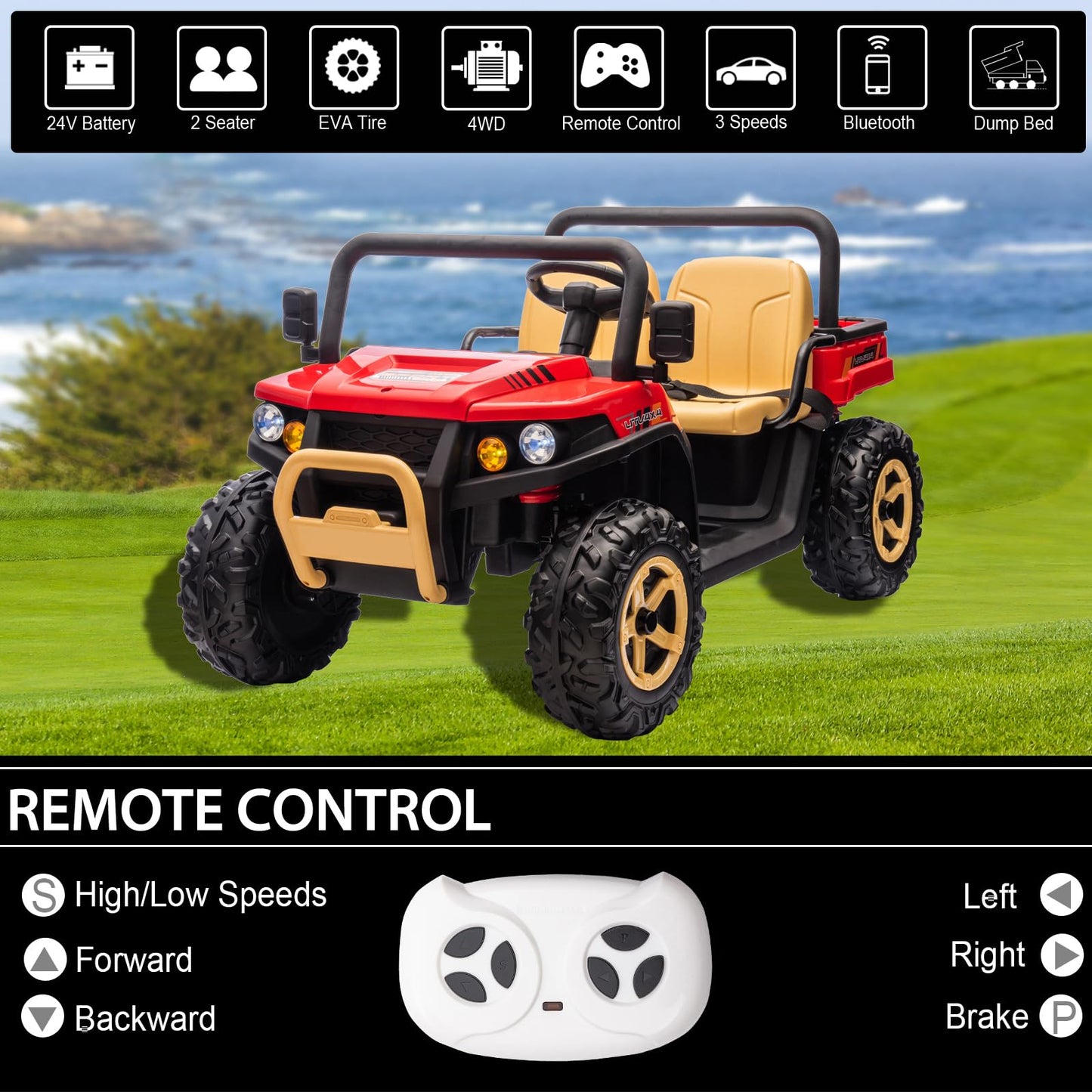FINITO 24V 2 Seater Ride On Dump Truck,4WD Side by Side Kids UTV with Remote Control, Rubber-Plastic Polymerized EVA Tire Electr