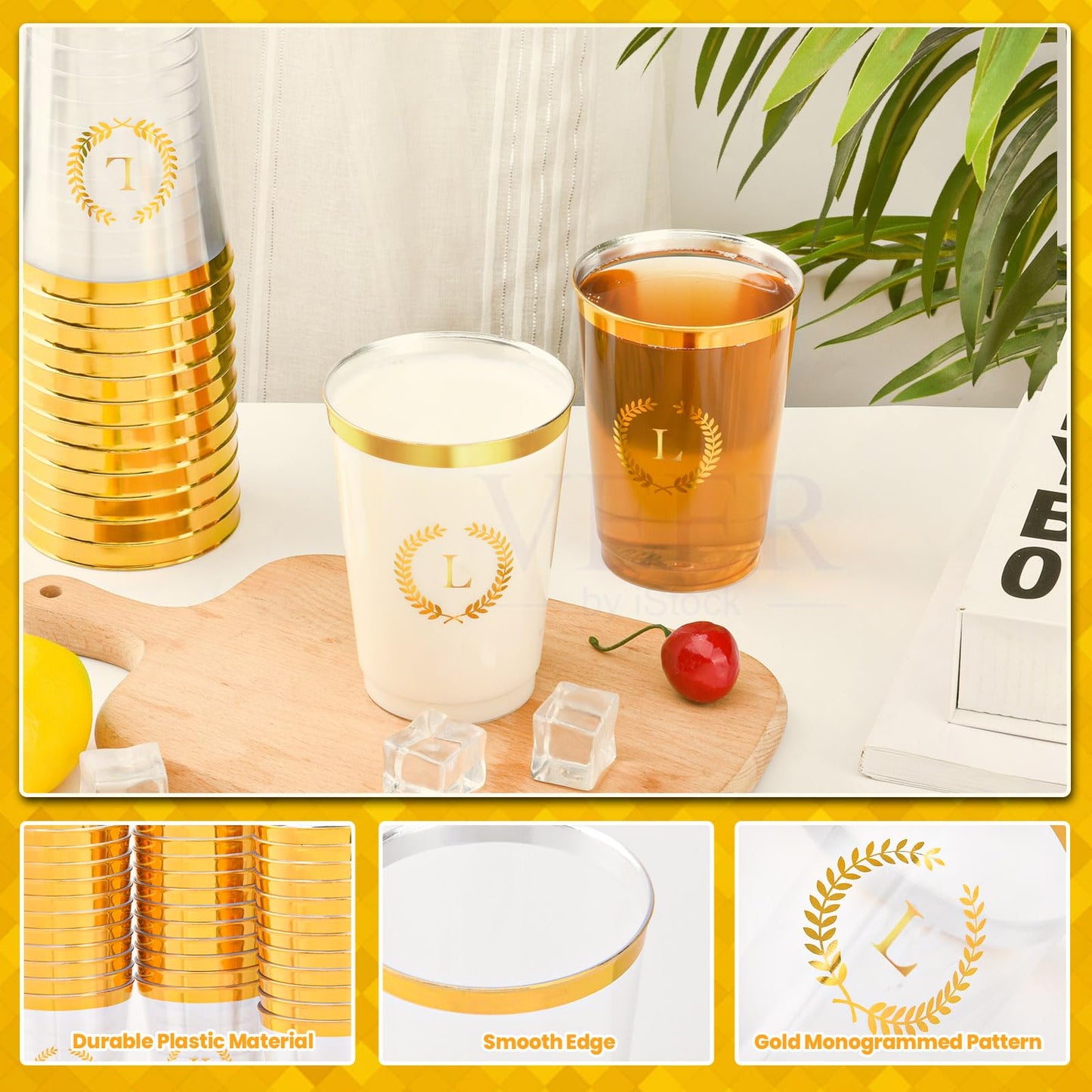 Datyiiha 100 Pieces Monogrammed Plastic Cups Gold Foil Letter L Disposable Cups 12 Oz Clear Initial Party Cups For Wedding Birth