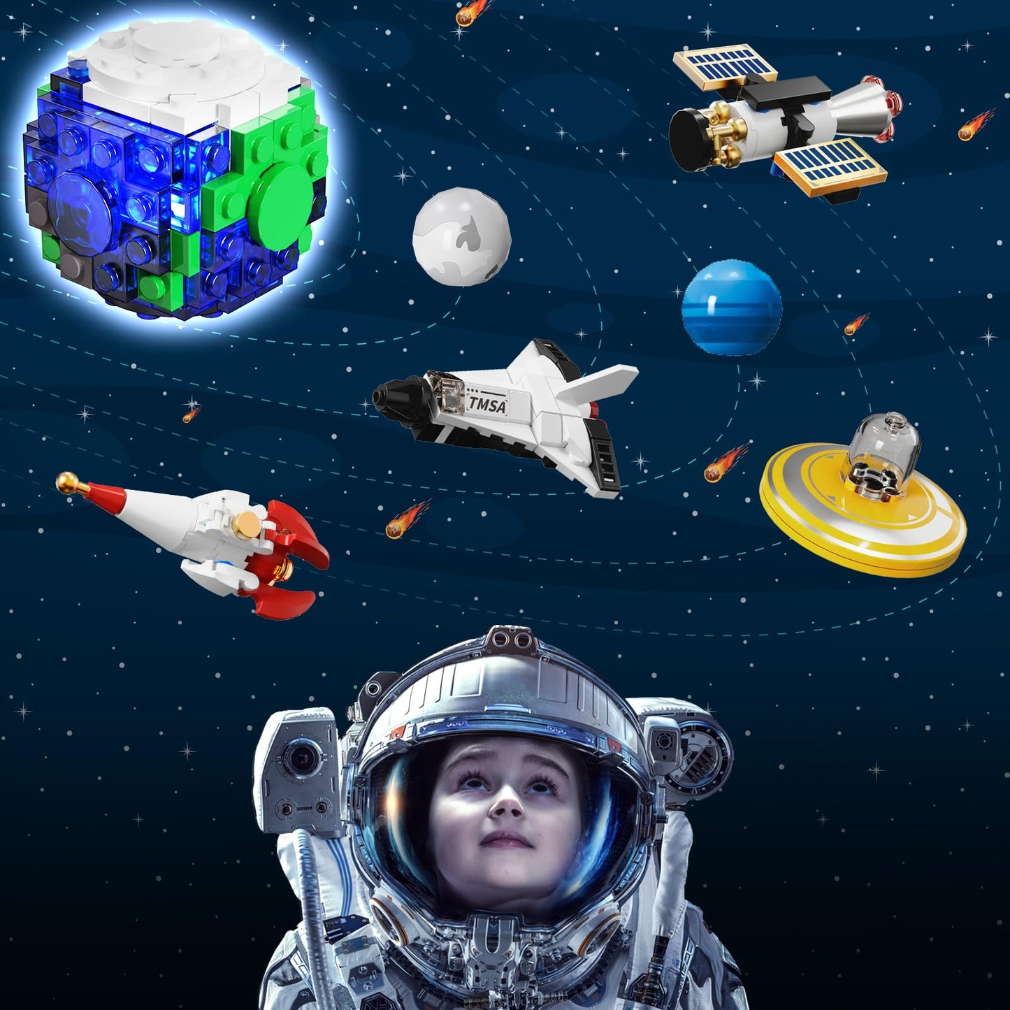 Cubimana Planet Rotatable Space Sets With Light - Earth & Moon Space Exploration Building Toys With Shuttle Spaceship Science Ki