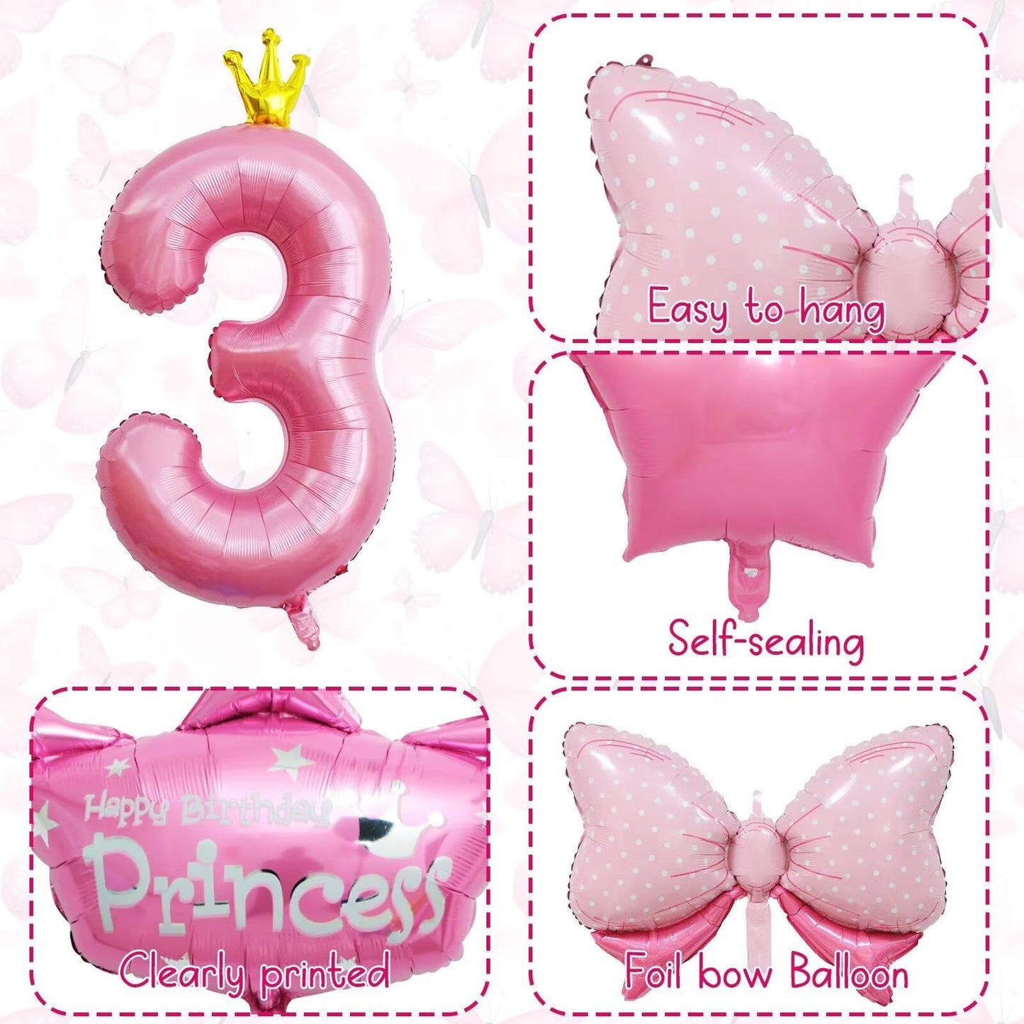 3Rd Birthday Decorations For Girls, Pink 3Rd Birthday Balloon Set With 40 Inch Pink Number 3, Large Helium Foil Mylar Crown Balloon, Pink Bow Foil Balloons For Baby Girl Daughter First Birthday Party