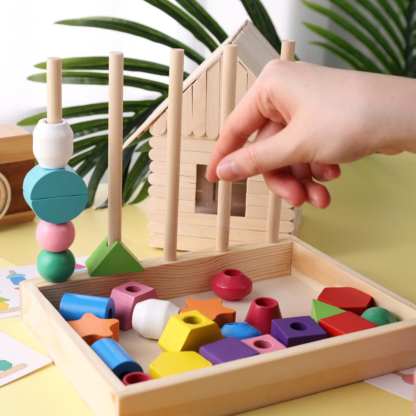 LovesTown Wooden Stacking Beads Toy - Montessori Educational Preschool Toy, Medium, Multi Color, Model HLT2686