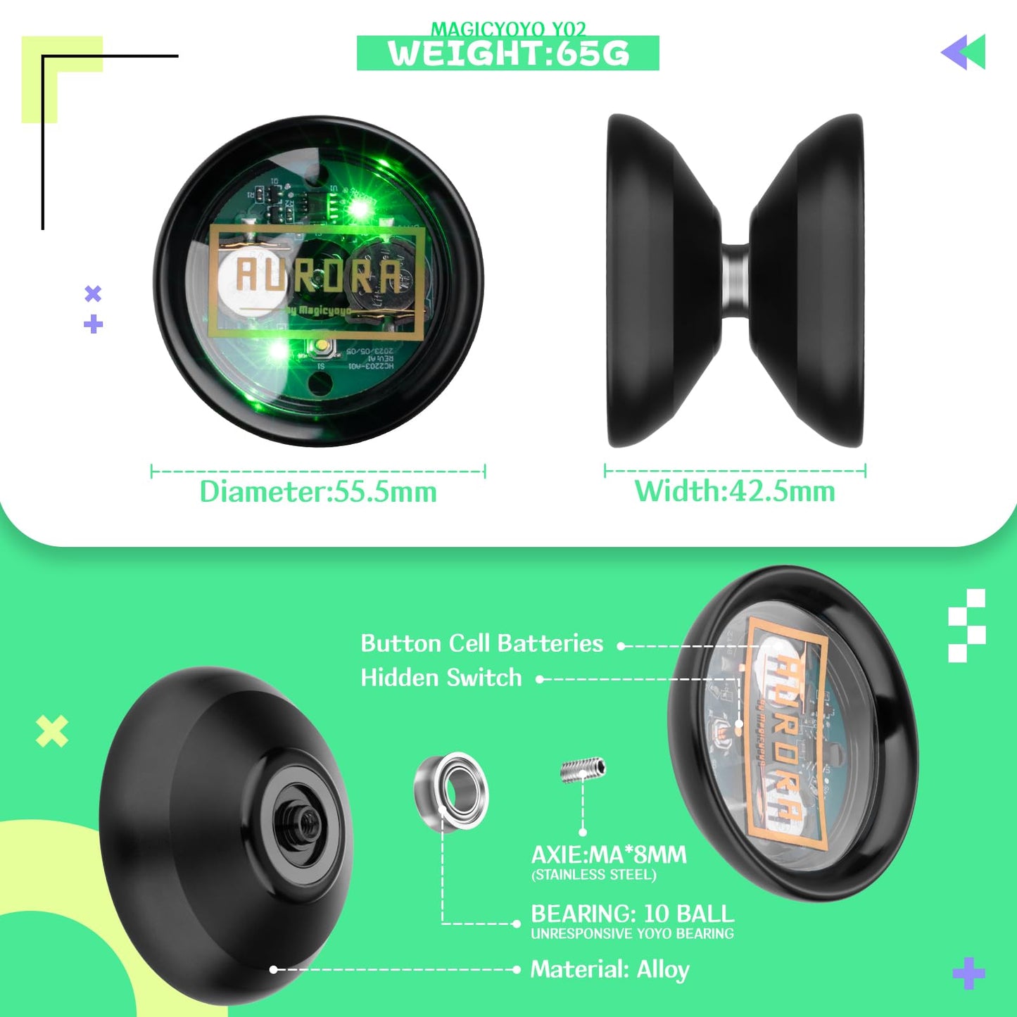 Light Up Yoyo With Extra Battery, Magicyoyo Y02 Aurora Professional Unresponsive Yoyo With Yoyo Glove, Yoyo Bag, 12 Yoyo Strings - Green Light