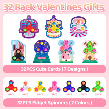 Fun Little Toys 32Pcs Valentines Cards Gift With Fidget Finger Spinner Pop, Valentine'S Day Kids School Classroom Stress Relief