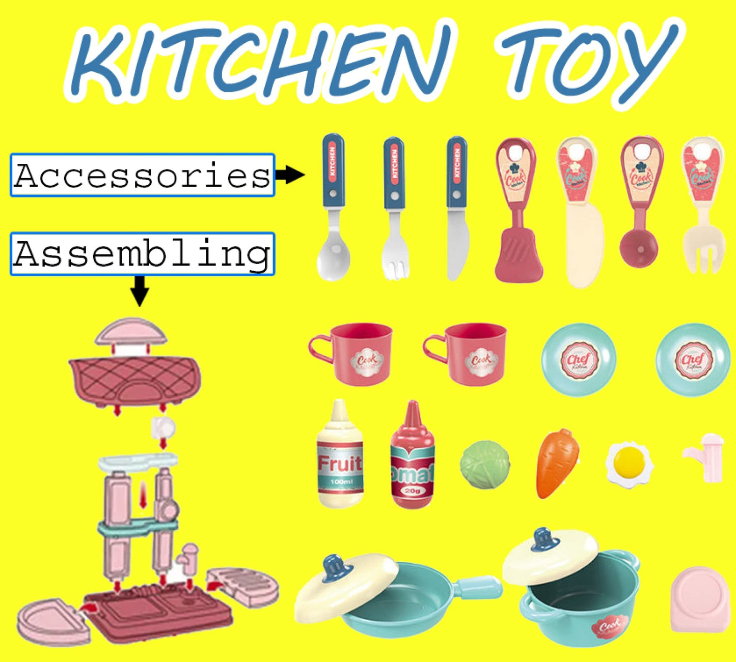 Techhark 30 Pcs Kitchen Play Set Non Toxic Plastic Unbreakable Toys For Girls (Yellow Kitchen)