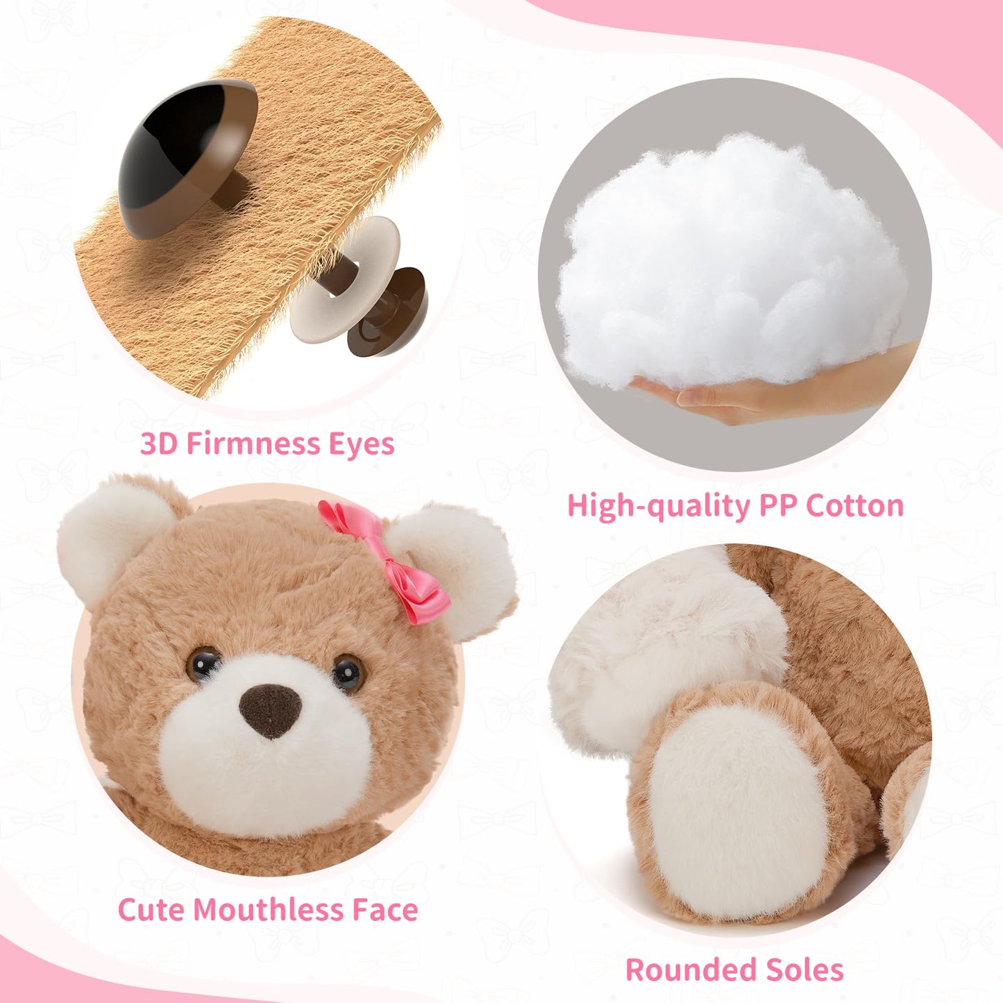 Muiteiur 2 Packs Teddy Bears Bulk, 13.8 Inch Teddy Bear Set with Pink Rose & Bow - No Mouth, Soft Plush Stuffed Animals, for Kid