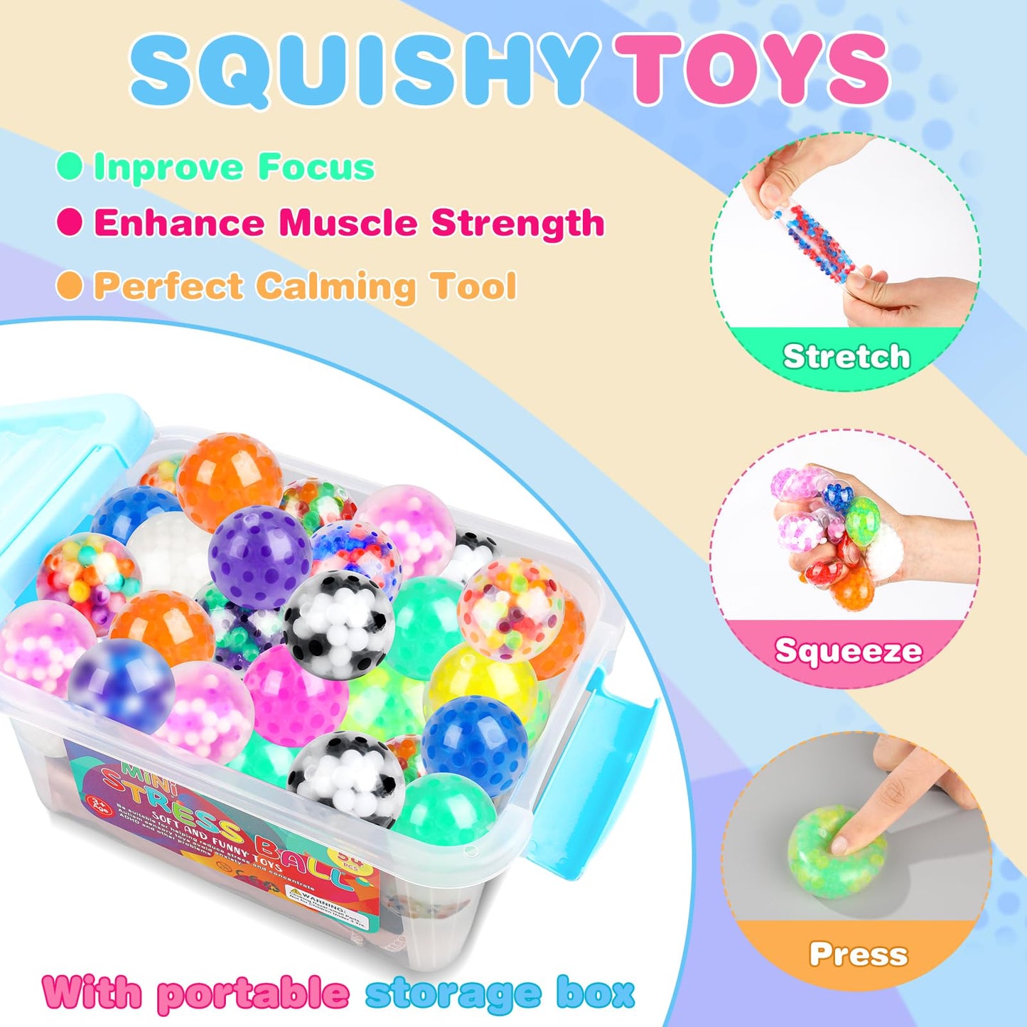 54Pack Stress Balls, Squishy Toys, Squishy Squeeze Balls Bulk Fidget Toys For Adults Squishy Balls Stress Relief Toys, Party Fav